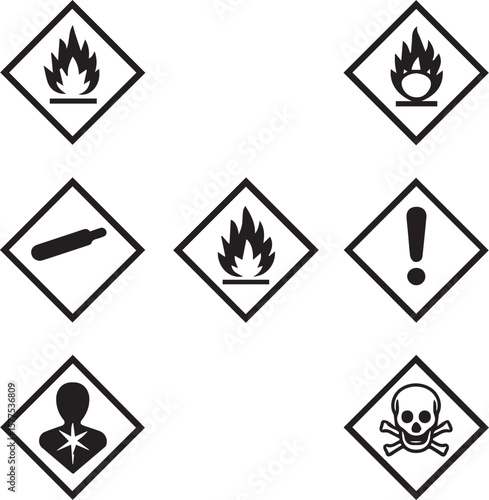 Globally Harmonized System (GHS) hazard Warning symbols with line art vector illustration. All 9 GHS chemical labelling stickers