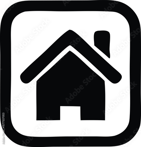 Simple black and white icon of a house with a chimney inside a rounded square border representing home