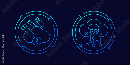 DDoS attack, malware icons, linear design