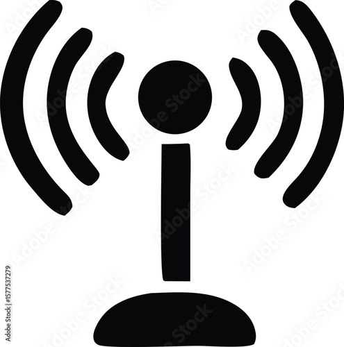 Simple black silhouette of a broadcast tower emitting radio waves representing wireless communication and signal transmission