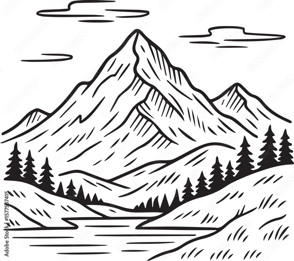 Fototapeta premium Snowy mountain peak landscape line art vector illustratin 