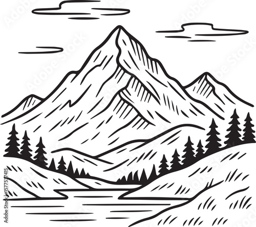 Snowy mountain peak landscape line art vector illustratin 