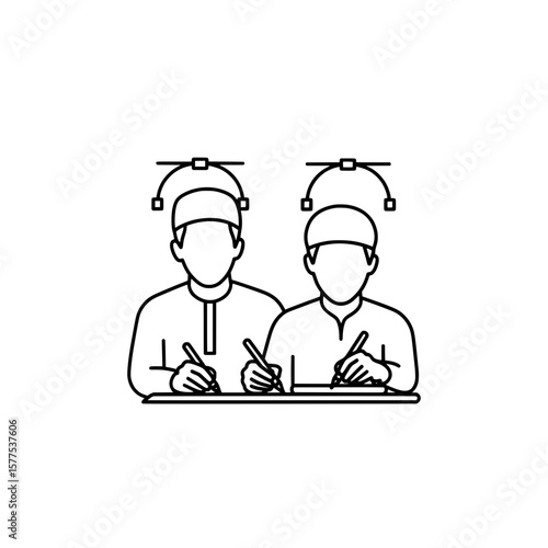 People working on a tablet with stylus and sketchpad at desk