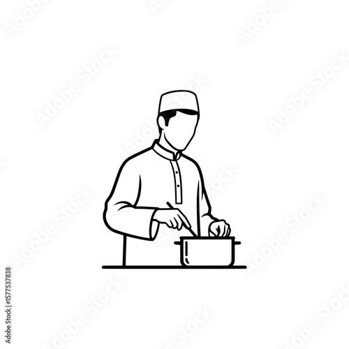 Chef preparing food with a pot on a kitchen counter