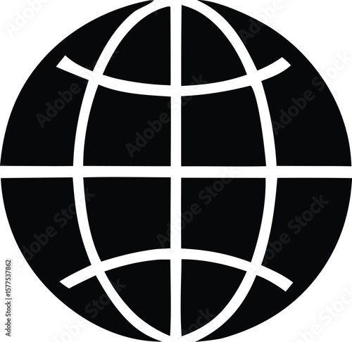A simple black and white graphic representation of a globe showing meridians and parallels symbolizing global connection and the internet
