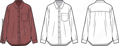Women’s classic button down shirt fashion flat sketch, front and back technical drawing, long sleeve blouse vector design illustration.