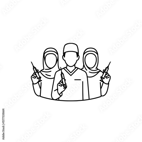 Healthcare professionals holding syringes in a group