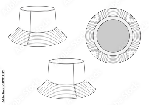 Vector fashion technical drawings of a bucket hat with three views. Woven or polyester fabric.
