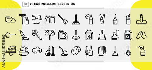 Cleaning Supplies and Housekeeping Tools Icons for Home Maintenance