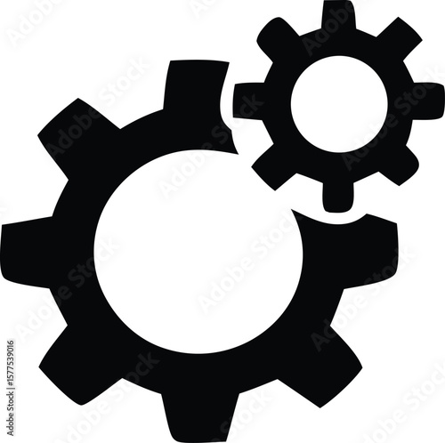Two interlocking black gears one larger than the other symbolizing connection collaboration and mechanical processes on a white background