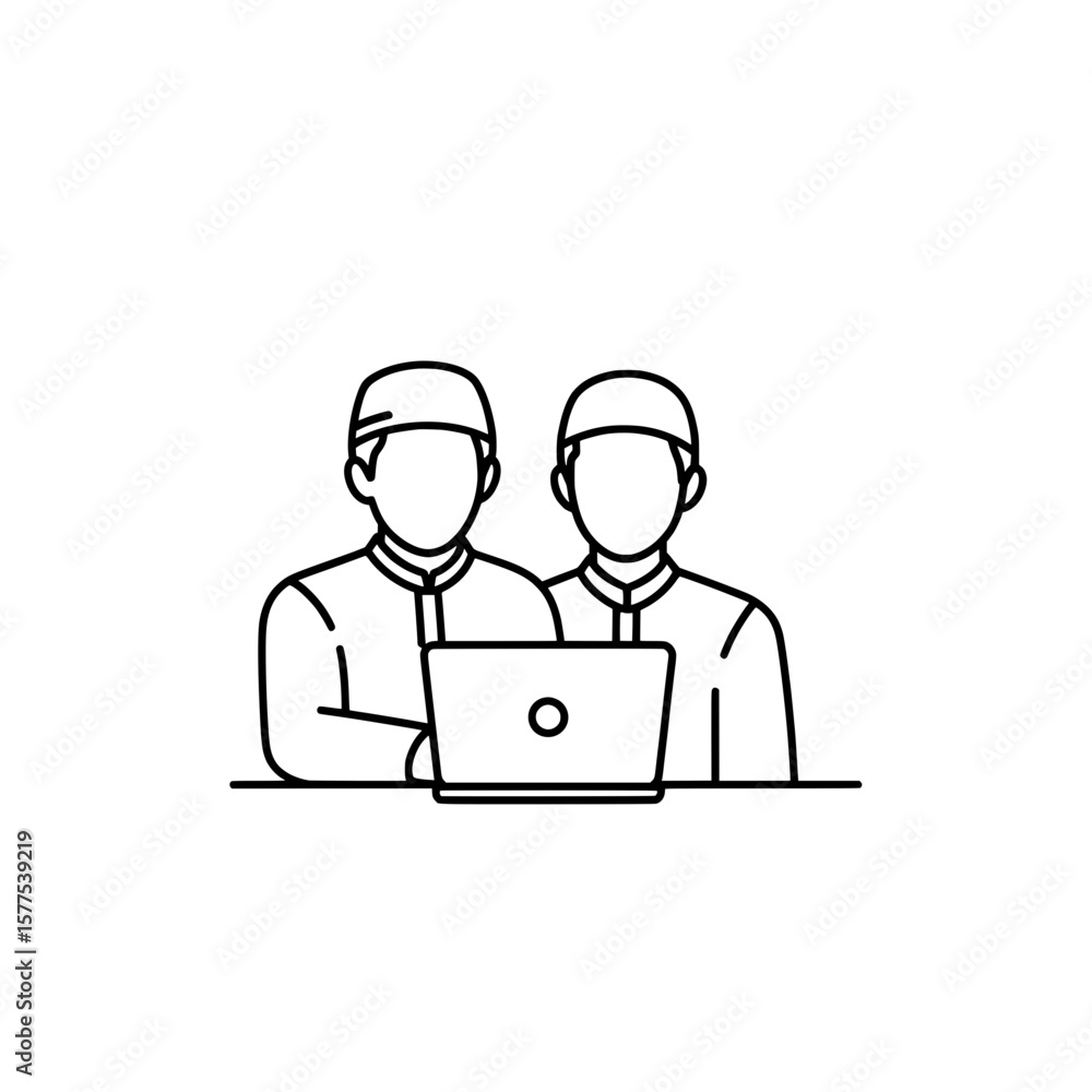 Two workers in uniforms using a laptop at work station Two workers in uniforms using a laptop at work station