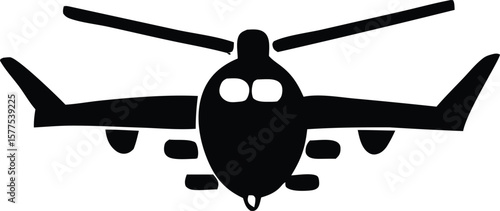 A simple black silhouette of a helicopter viewed from the front with its two rotors extended and wings spread wide