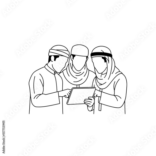 Group of three people wearing head coverings looking at a tablet