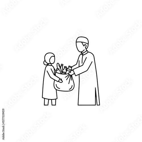 Line art of person giving gift to child with bag of food