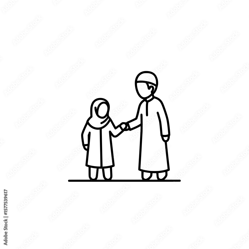 Line drawing of woman and girl shaking hands in modest clothing Line drawing of woman and girl shaking hands in modest clothing