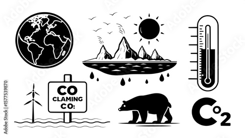 Climate change and global warming icons. Black glyph vector symbols of melting earth, rising sea levels, polar bear on ice, climate protest sign, temperature increase, and CO₂ emission.