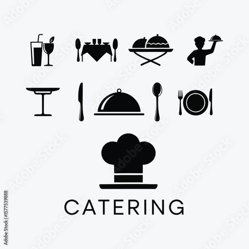 Black Catering Icons Set Food Service Restaurant Menu Chef Hat
