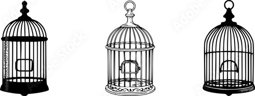 Set illustration of unique, black silhouette bird cage designs, each hanging from a hook. The image showcases various cage shapes and intricate details, perfect for vintage-inspired decor 