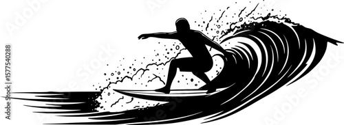 black silhouette of a Surfer riding a wave vector illustration 
