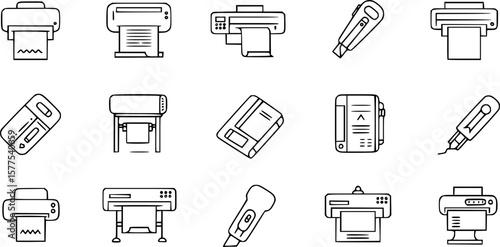 Printer line icon set. Large format printing, plotter, scanner, cutting machine minimal vector illustrations. Simple outline signs for printshop.