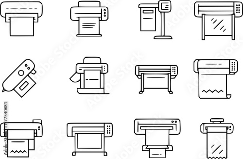 Printer line icon set. Large format printing, plotter, scanner, cutting machine minimal vector illustrations. Simple outline signs for printshop.