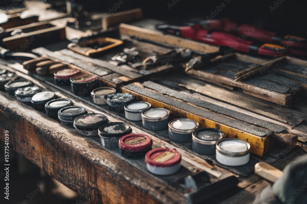 Naklejka premium Workshop table filled with tools & tins