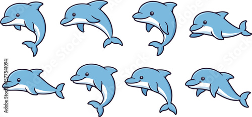 vector illustration of dolphin fish funny cute cartoon mascot character cartoon with 8 poses 
