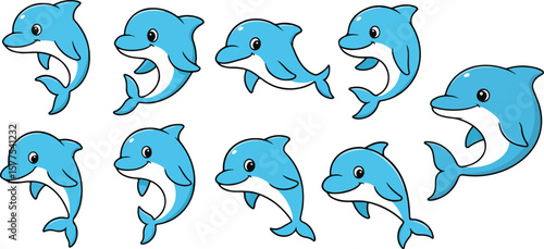vector illustration of dolphin fish funny cute cartoon mascot character cartoon with 9 poses 02