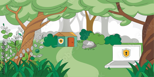 Forest scene with house and laptop trees nature