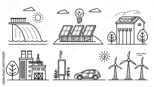 Green energy production glyph icons. Vector pictograms of hydroelectric dam, biofuel, solar farm, geothermal plant, electric vehicle charging, energy-efficient lightbulb, and windmill.
