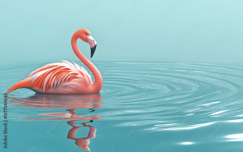 Fototapeta premium Superfície de água ondulada e flamingo flutuante, renderização 3D