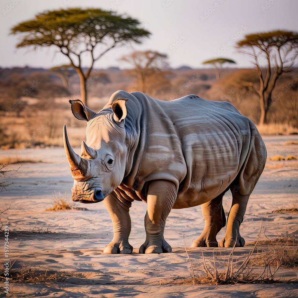 Fototapeta premium White Rhinoceros Standing in Golden Light of African Savannah