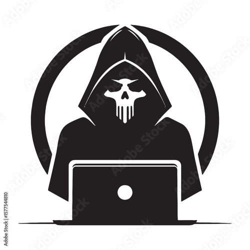 Sinister hacker in hood with skull face and laptop symbol