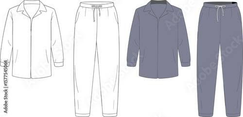Unisex pajama set flat sketch with shirt and drawstring pants, front view, sleepwear fashion technical vector design template