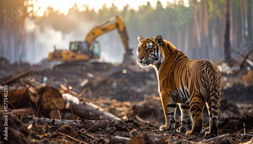 Tiger in Deforested Habitat Wildlife Threatened by Deforestation