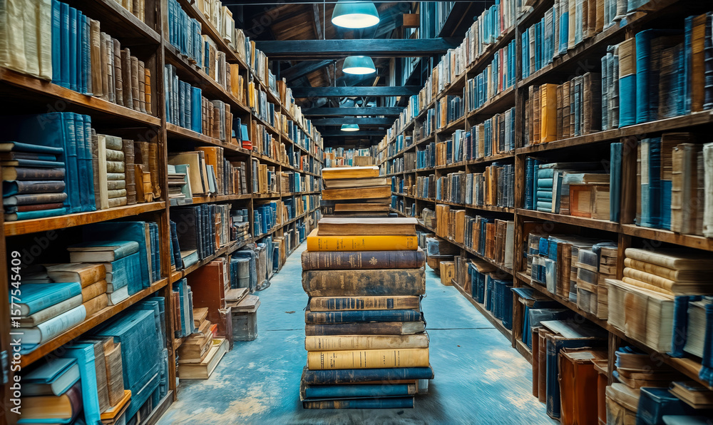 Interior view of an old library with wooden shelves filled with vintage books and stacks of large antique books on the floor in a dimly lit space with overhead lamps and wooden ceiling beams Interior view of an old library with wooden shelves filled with vintage books and stacks of large antique books on the floor in a dimly lit space with overhead lamps and wooden ceiling beams