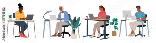 Flat vector illustration set of diverse people working at desks with laptops, computers in modern office or home setting. Inclusive team, remote work, productivity. Isolated on transparent background.