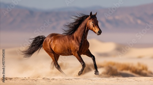 A majestic horse gallops across the desert landscape, stirring up sand. The horse's flowing mane and tail add to its grace and power