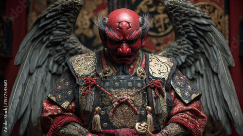 Dramatic Depiction of a Japanese Tengu Warrior with Red Face and Wings Surrounded by Ornate Patterns in a Mystical Setting