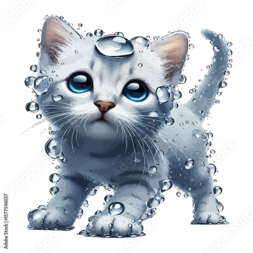 A cute kitten covered in water droplets with bright blue eyes and a curious expression on its face.