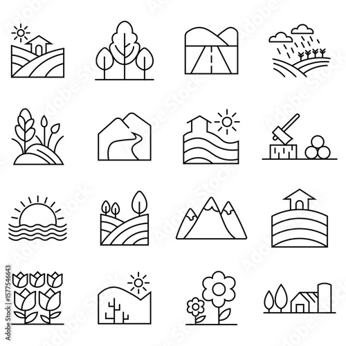 Nature and landscape line icons collection. Containing river, landscape, farm,  beach, desert, field and more. Vector pictograms of natural and urban scenery. Vector illustration. 