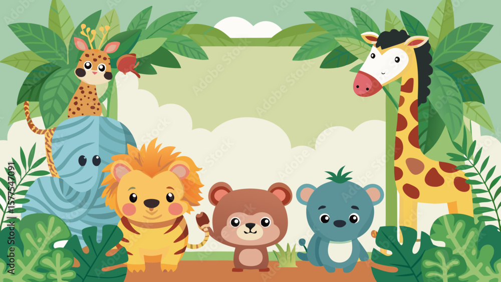 Naklejka premium Cute cartoon jungle animals including a giraffe lion elephant bear and leopard