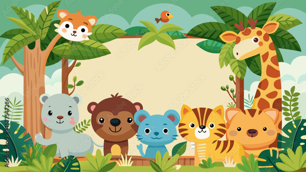 Naklejka premium Cute cartoon jungle animals with a blank space for text in a vibrant forest setting