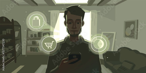 Man using smartphone with shopping and data icons technology