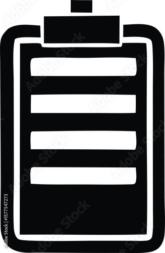 Simple black and white icon representing a clipboard with a list or document suitable for various design and informational purposes
