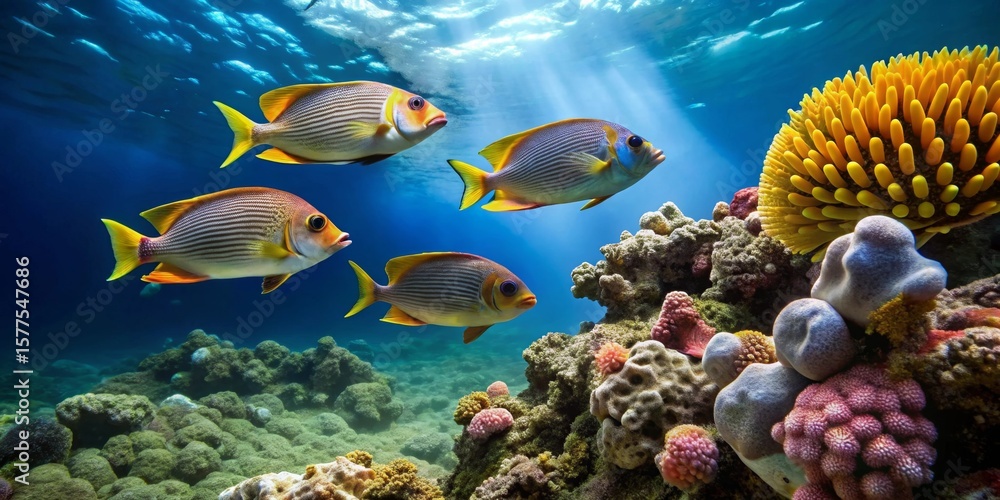 Naklejka premium Striped Ocean Fish Swimming Gracefully Above Vibrant Coral Reef in Sunlit Underwater Scene