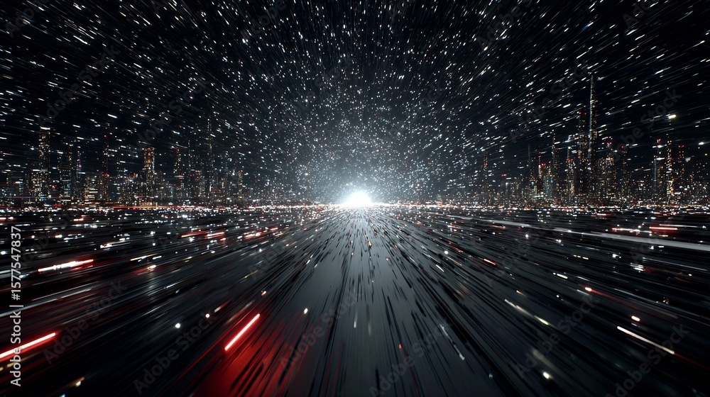 Obraz premium Futuristic cityscape with motion blur lights and stars creating dynamic perspective