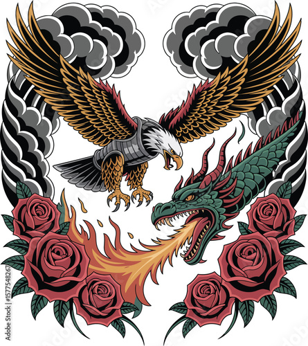 Golden dragon and eagle wings in Asian art patterns for a symbolic tattoo design illustration