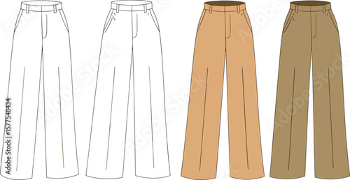 Women’s high waist tailored trousers flat front view, fashion technical sketch with pleats, pocket detail, waistband, elegant wide leg design