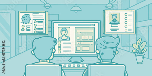 People reviewing profiles on computer screens data